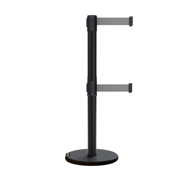 Montour Line Retractable Belt Dbl Roller Stanchion, 2.5ft Black Post  11ft. Lt Grys ME630D-BK-LGY-110